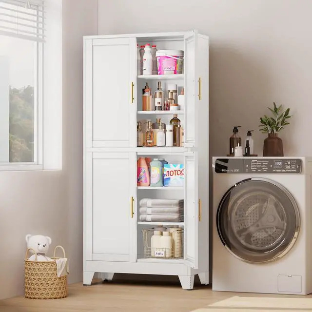 Alt view image 6 of 7 - White Metal Storage Cabinet, Pantry With 4 Doors and Adjustable Shelves, Leveling Foot for Kitchen, Living Room and Dinning Room, 75" H
