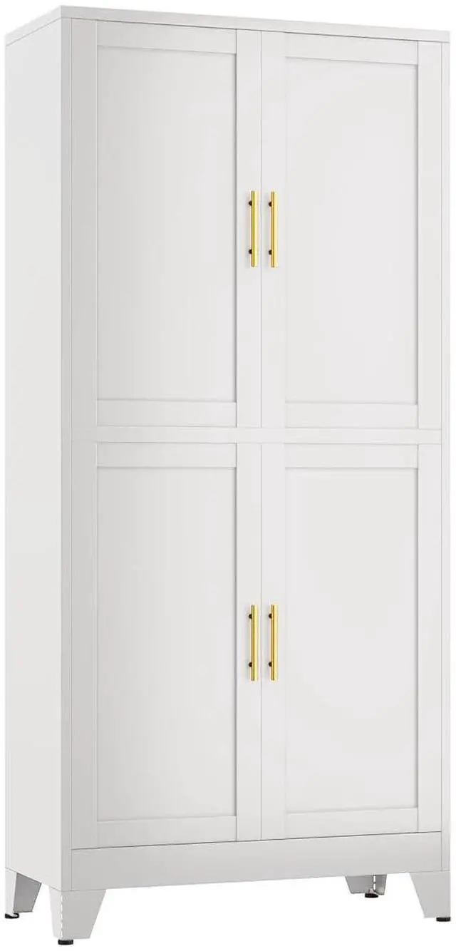 Main image of White Storage Cabinet, Kitchen Pantry Cabinet with 4 Doors and 3 Adjustable Shelves, Pantry with Adjustable Leveling Foot for Kitchen, Living Room and Dinning Room. 47" H