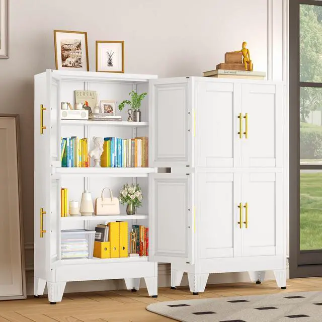 Alt view image 2 of 7 - White Storage Cabinet, Kitchen Pantry Cabinet with 4 Doors and 3 Adjustable Shelves, Pantry with Adjustable Leveling Foot for Kitchen, Living Room and Dinning Room. 47" H