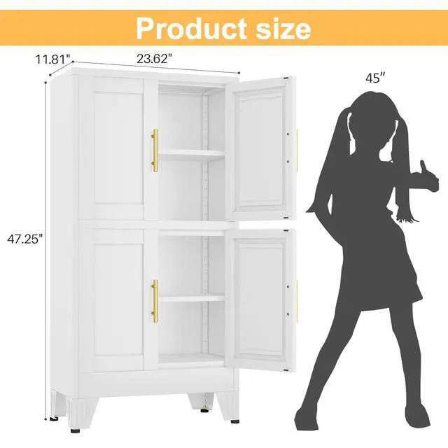 Alt view image 3 of 7 - White Storage Cabinet, Kitchen Pantry Cabinet with 4 Doors and 3 Adjustable Shelves, Pantry with Adjustable Leveling Foot for Kitchen, Living Room and Dinning Room. 47" H