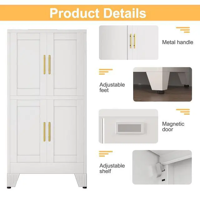 Alt view image 4 of 7 - White Storage Cabinet, Kitchen Pantry Cabinet with 4 Doors and 3 Adjustable Shelves, Pantry with Adjustable Leveling Foot for Kitchen, Living Room and Dinning Room. 47" H
