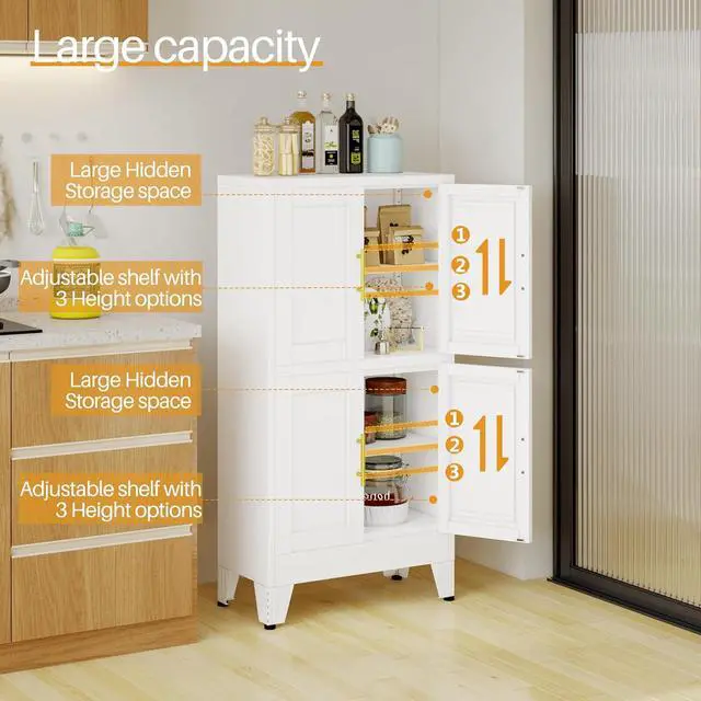 Alt view image 5 of 7 - White Storage Cabinet, Kitchen Pantry Cabinet with 4 Doors and 3 Adjustable Shelves, Pantry with Adjustable Leveling Foot for Kitchen, Living Room and Dinning Room. 47" H