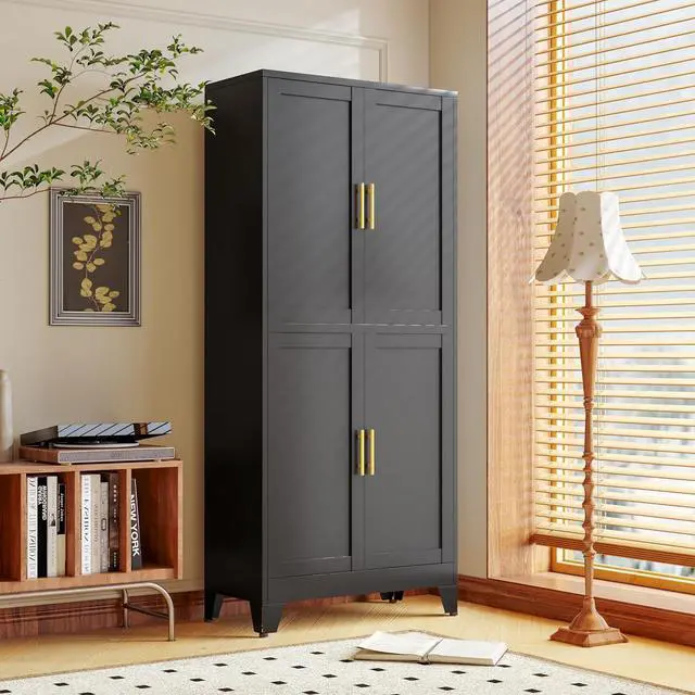Main image of Black Metal Storage Cabinet with 4 Doors and 4 Adjustable Shelves, Adjustable Leveling Foot for Kitchen, Living Room and Dining Room. 75" H