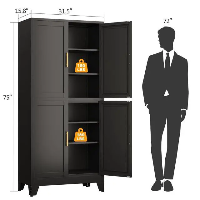 Alt view image 2 of 7 - Black Metal Storage Cabinet with 4 Doors and 4 Adjustable Shelves, Adjustable Leveling Foot for Kitchen, Living Room and Dining Room. 75" H