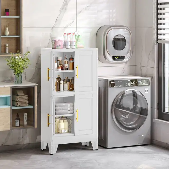 Alt view image 7 of 7 - White Storage Cabinet, Kitchen Pantry Cabinet with 4 Doors and 3 Adjustable Shelves, Pantry with Adjustable Leveling Foot for Kitchen, Living Room and Dinning Room. 47" H
