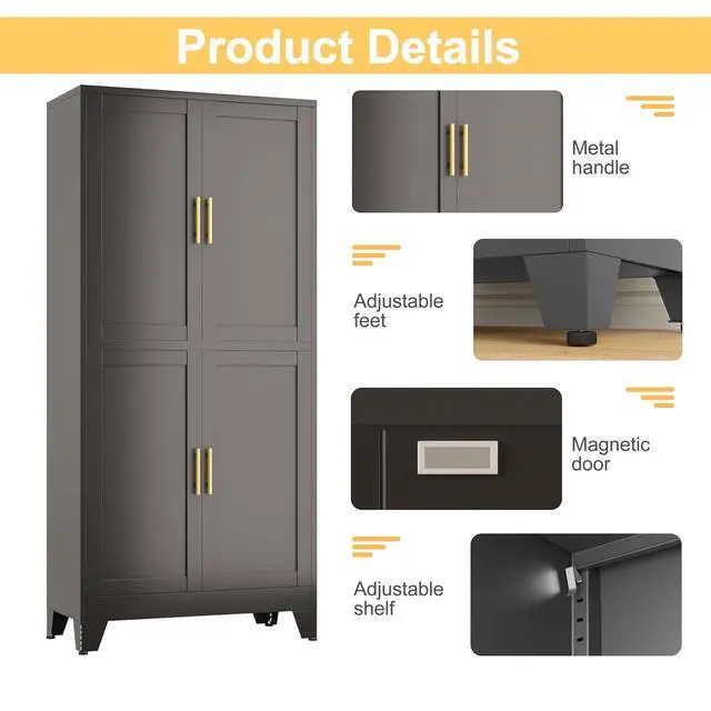 Alt view image 3 of 7 - Black Metal Storage Cabinet with 4 Doors and 4 Adjustable Shelves, Adjustable Leveling Foot for Kitchen, Living Room and Dining Room. 75" H