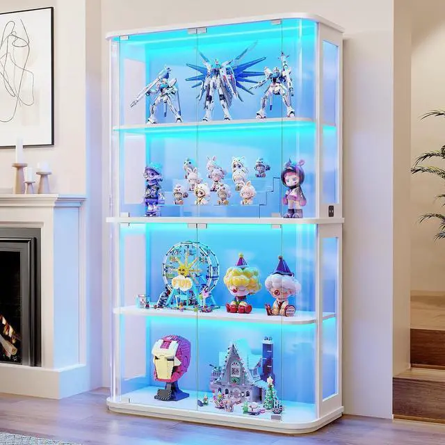 Main image of Large Rounded Display Cabinet with Glass Door, 4-Tier Curio Cabinet with 3 Color Lights for Collectibles, Glass Display Case with Transparent Full-Display Surface, Human Body Sensor, White