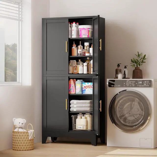 Alt view image 5 of 7 - Black Metal Storage Cabinet with 4 Doors and 4 Adjustable Shelves, Adjustable Leveling Foot for Kitchen, Living Room and Dining Room. 75" H