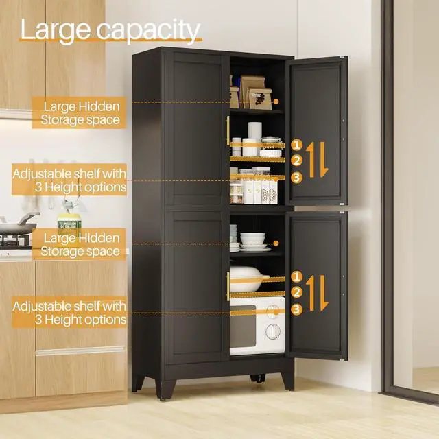 Alt view image 4 of 7 - Black Metal Storage Cabinet with 4 Doors and 4 Adjustable Shelves, Adjustable Leveling Foot for Kitchen, Living Room and Dining Room. 75" H