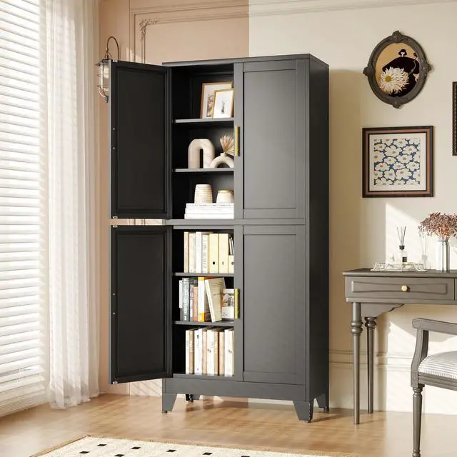 Alt view image 7 of 7 - Black Metal Storage Cabinet with 4 Doors and 4 Adjustable Shelves, Adjustable Leveling Foot for Kitchen, Living Room and Dining Room. 75" H