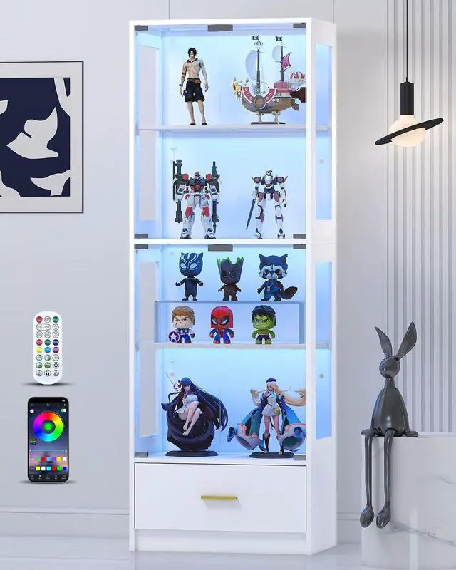 Main image of Display Cabinet with Glass Doors - 67" Curio Cabinet with RGB LED Lights and Drawer for Collectibles, 4 Tier Glass Display Case for Living Room, Office, White (Narrow)
