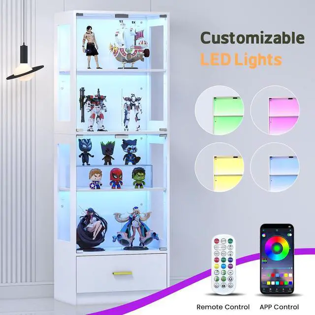 Alt view image 3 of 7 - Display Cabinet with Glass Doors - 67" Curio Cabinet with RGB LED Lights and Drawer for Collectibles, 4 Tier Glass Display Case for Living Room, Office, White (Narrow)