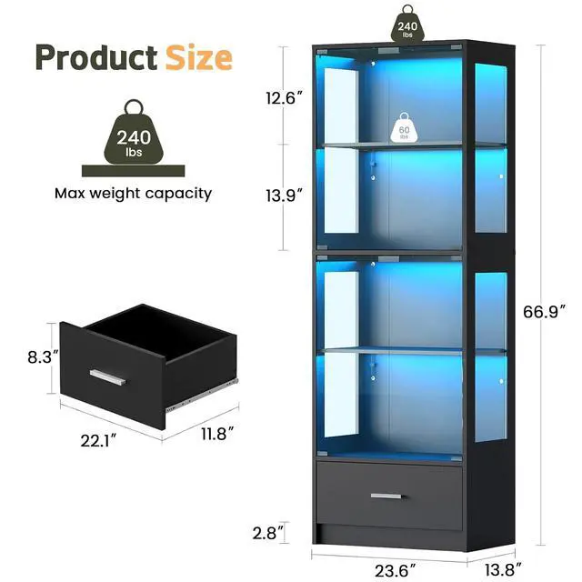 Alt view image 2 of 7 - Display Cabinet with Glass Doors - 67" Curio Cabinet with RGB LED Lights and Drawer for Collectibles, 4 Tier Glass Display Case for Living Room, Office, Black(Narrow)