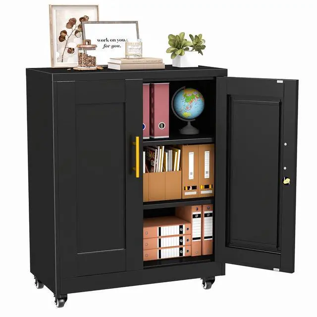 Main image of Metal Storage Cabinet-35 Tall Steel File Cabinets with Lockable Doors and Adjustable Shelves, Steel Tool Cabinet with Wheel for Home, School, Office, Garage Black
