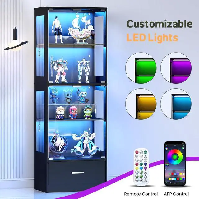 Alt view image 3 of 7 - Display Cabinet with Glass Doors - 67" Curio Cabinet with RGB LED Lights and Drawer for Collectibles, 4 Tier Glass Display Case for Living Room, Office, Black(Narrow)