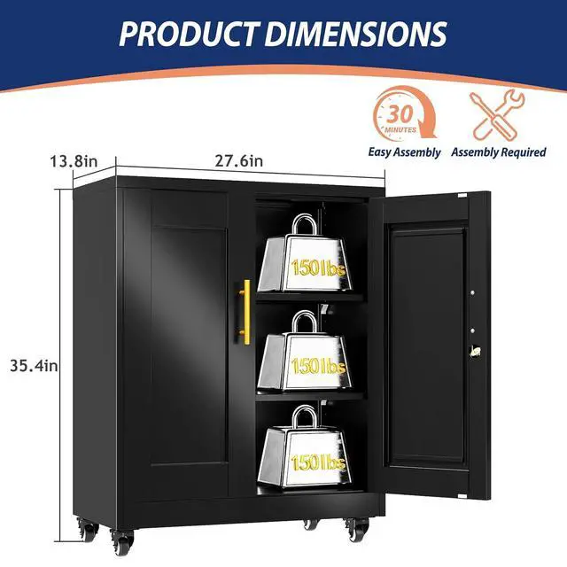 Alt view image 2 of 7 - Metal Storage Cabinet-35 Tall Steel File Cabinets with Lockable Doors and Adjustable Shelves, Steel Tool Cabinet with Wheel for Home, School, Office, Garage Black