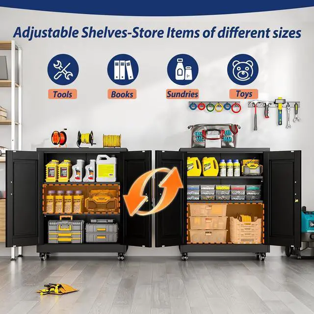Alt view image 4 of 7 - Metal Storage Cabinet-35 Tall Steel File Cabinets with Lockable Doors and Adjustable Shelves, Steel Tool Cabinet with Wheel for Home, School, Office, Garage Black