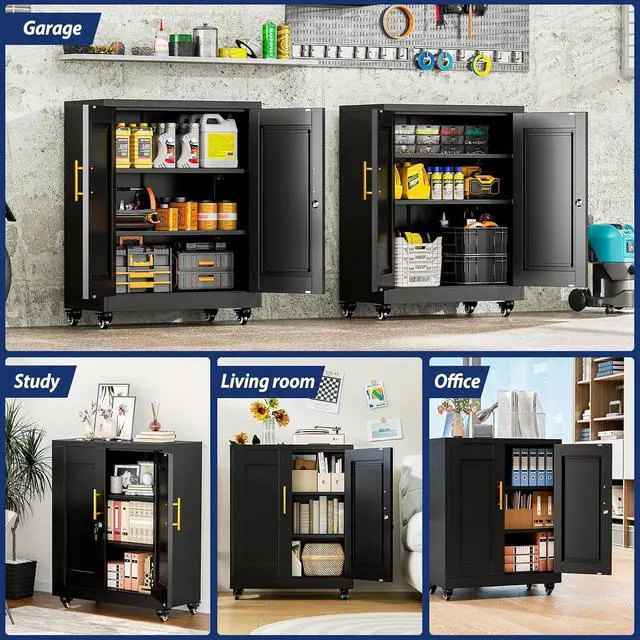 Alt view image 7 of 7 - Metal Storage Cabinet-35 Tall Steel File Cabinets with Lockable Doors and Adjustable Shelves, Steel Tool Cabinet with Wheel for Home, School, Office, Garage Black