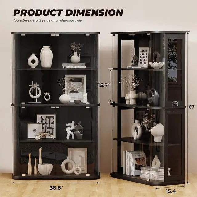 Alt view image 2 of 7 - Large Rounded Display Cabinet with Glass Door, 4-Tier Curio Cabinet with 3 Color Lights for Collectibles, Glass Display Case with Transparent Full-Display Surface, Human Body Sensor, Black