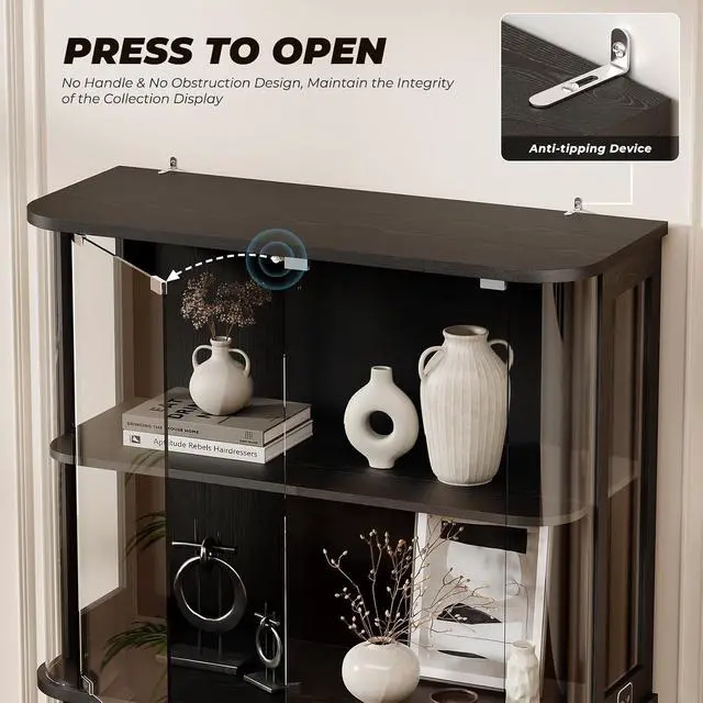 Alt view image 5 of 7 - Large Rounded Display Cabinet with Glass Door, 4-Tier Curio Cabinet with 3 Color Lights for Collectibles, Glass Display Case with Transparent Full-Display Surface, Human Body Sensor, Black
