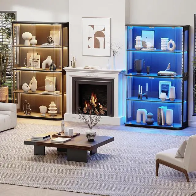 Alt view image 6 of 7 - Large Rounded Display Cabinet with Glass Door, 4-Tier Curio Cabinet with 3 Color Lights for Collectibles, Glass Display Case with Transparent Full-Display Surface, Human Body Sensor, Black