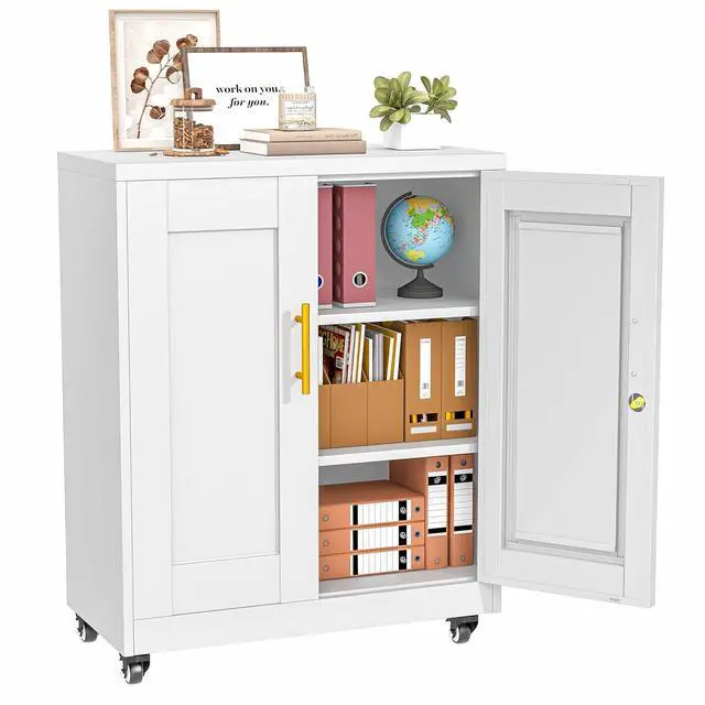 Main image of Metal Storage Cabinet-35 Tall Steel File Cabinets with Lockable Doors and Adjustable Shelves, Steel Tool Cabinet with Wheel for Home, School, Office, Garage White