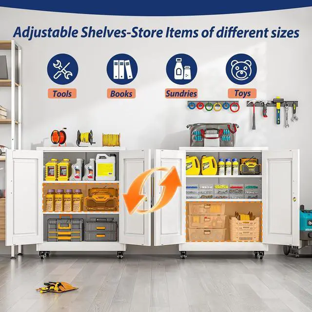 Alt view image 4 of 7 - Metal Storage Cabinet-35 Tall Steel File Cabinets with Lockable Doors and Adjustable Shelves, Steel Tool Cabinet with Wheel for Home, School, Office, Garage White