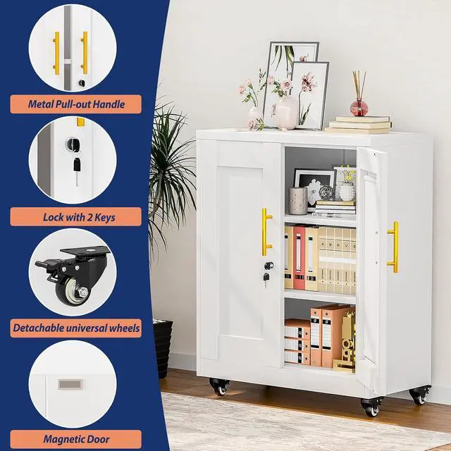 Alt view image 3 of 7 - Metal Storage Cabinet-35 Tall Steel File Cabinets with Lockable Doors and Adjustable Shelves, Steel Tool Cabinet with Wheel for Home, School, Office, Garage White