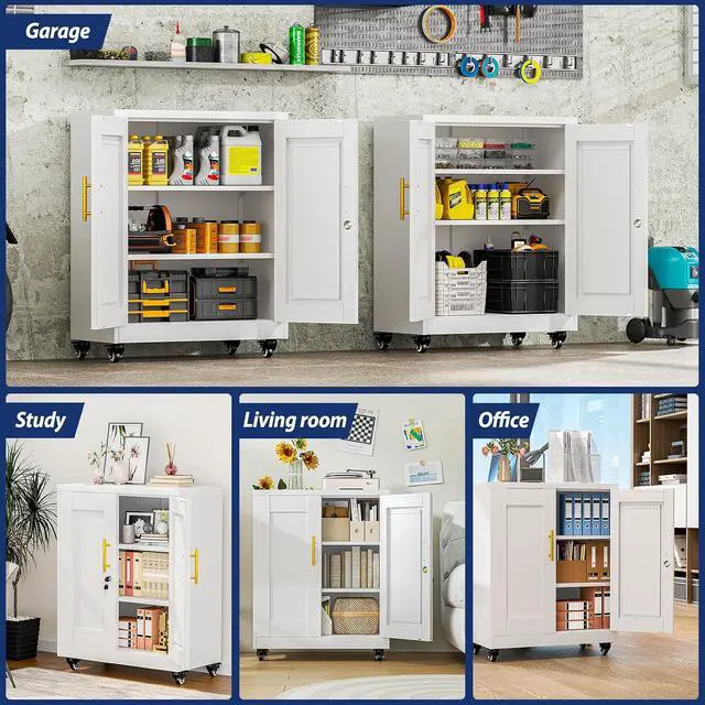 Alt view image 7 of 7 - Metal Storage Cabinet-35 Tall Steel File Cabinets with Lockable Doors and Adjustable Shelves, Steel Tool Cabinet with Wheel for Home, School, Office, Garage White