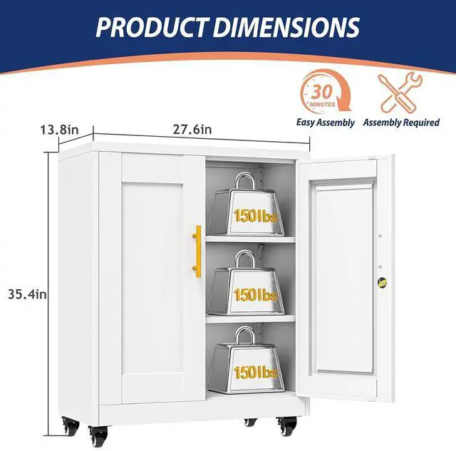 Alt view image 2 of 7 - Metal Storage Cabinet-35 Tall Steel File Cabinets with Lockable Doors and Adjustable Shelves, Steel Tool Cabinet with Wheel for Home, School, Office, Garage White