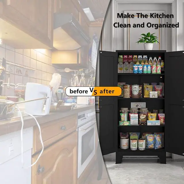 Alt view image 6 of 6 - 61" Balck Metal Kitchen Storage Cabinet, Kitchen Pantry Storage Cabinet with Doors and Shelves, Storage Cabinet with Adjustable Leveling Foot for Kitchen, Living Room and Dining Room