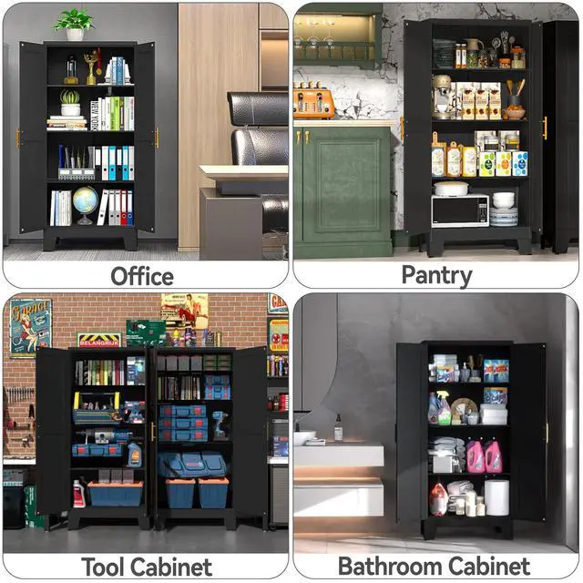 Alt view image 5 of 6 - 61" Balck Metal Kitchen Storage Cabinet, Kitchen Pantry Storage Cabinet with Doors and Shelves, Storage Cabinet with Adjustable Leveling Foot for Kitchen, Living Room and Dining Room
