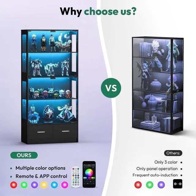 Alt view image 3 of 7 - 67-inch Glass Display Cabinet Curio Cabinet with RGB LED Lights, 2 Drawers & Anti-Tip Design for Collectibles, Figures, Living Room | Black