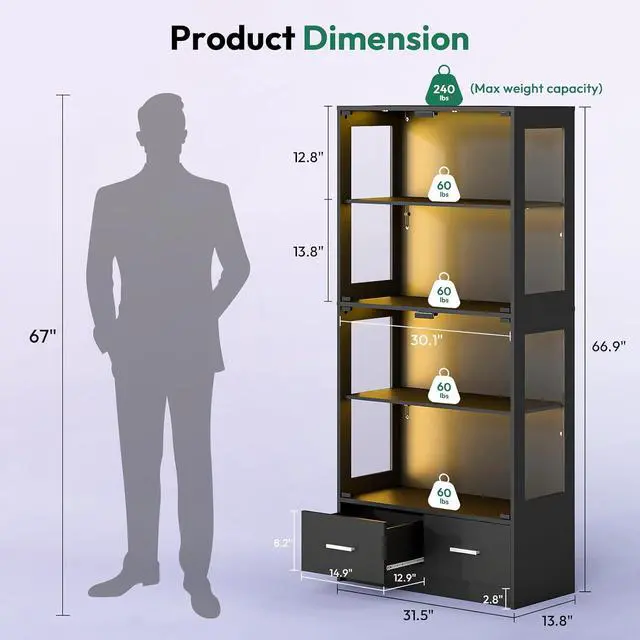 Alt view image 2 of 7 - 67-inch Glass Display Cabinet Curio Cabinet with RGB LED Lights, 2 Drawers & Anti-Tip Design for Collectibles, Figures, Living Room | Black