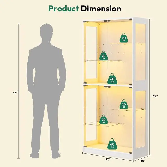 Alt view image 2 of 7 - 69-inch Glass Display Cabinet Curio Cabinet with RGB LED Lights, Adjustable Shelves & Anti-Tip Design for Collectibles, Figures, Living Room | White
