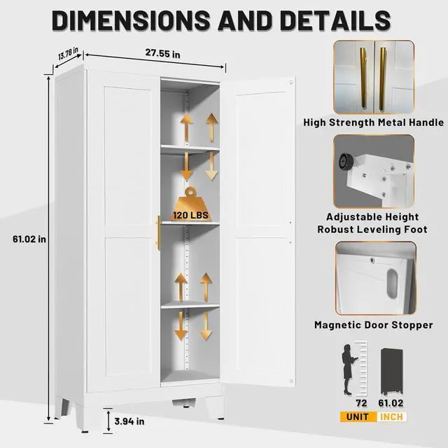 Alt view image 2 of 6 - White Metal Kitchen Storage Cabinet, Kitchen Pantry Storage Cabinet with Doors and Shelves, Storage Cabinet with Adjustable Leveling Foot for Kitchen, Living Room and Dining Room. 61" H