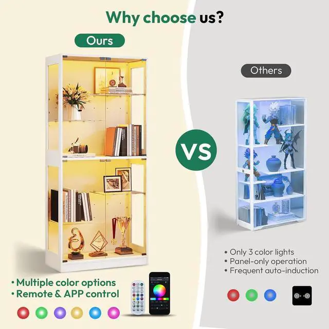 Alt view image 3 of 7 - 69-inch Glass Display Cabinet Curio Cabinet with RGB LED Lights, Adjustable Shelves & Anti-Tip Design for Collectibles, Figures, Living Room | White