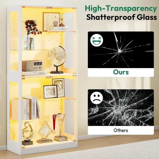 Alt view image 5 of 7 - 69-inch Glass Display Cabinet Curio Cabinet with RGB LED Lights, Adjustable Shelves & Anti-Tip Design for Collectibles, Figures, Living Room | White