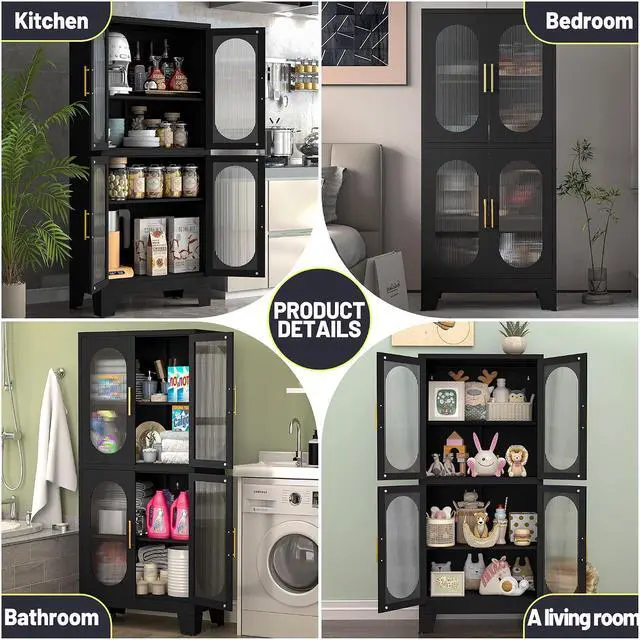 Alt view image 5 of 7 - 61" Black Pantry Storage Cabinet, Kitchen Pantry Cabinet with Acrylic Glass Doors and Shelves, with Adjustable Leveling Foot for Kitchen, Living Room and Dining Room. 61"