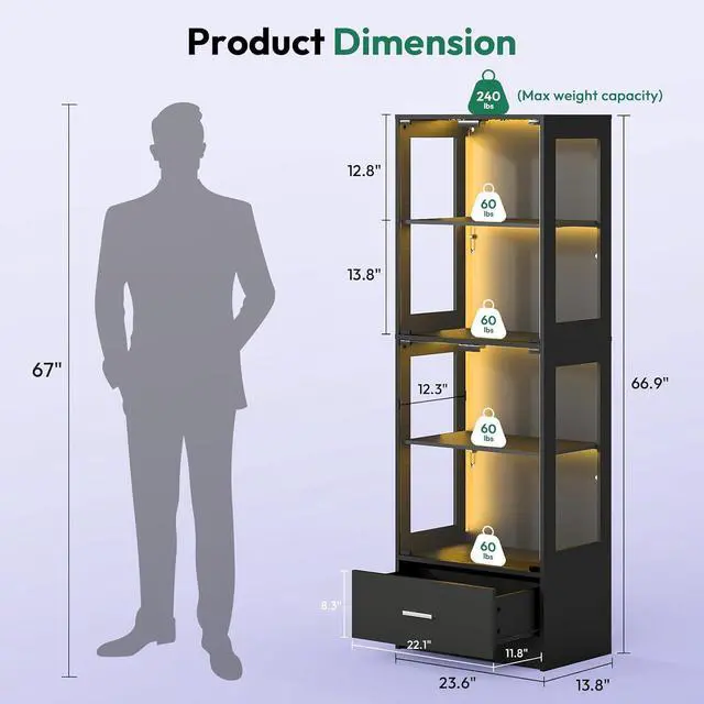 Alt view image 2 of 7 - 67-inch Glass Display Cabinet Curio Cabinet with RGB LED Lights, 1 Drawer & Anti-Tip Design for Collectibles, Figures, Living Room | Black