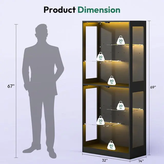 Alt view image 2 of 7 - 69-inch Glass Display Cabinet Curio Cabinet with RGB LED Lights, Adjustable Shelves & Anti-Tip Design for Collectibles, Figures, Living Room | Black