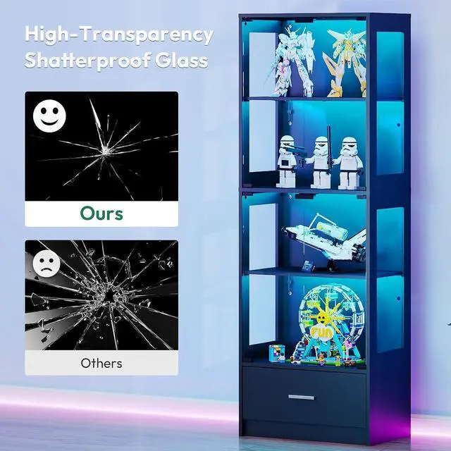 Alt view image 5 of 7 - 67-inch Glass Display Cabinet Curio Cabinet with RGB LED Lights, 1 Drawer & Anti-Tip Design for Collectibles, Figures, Living Room | Black