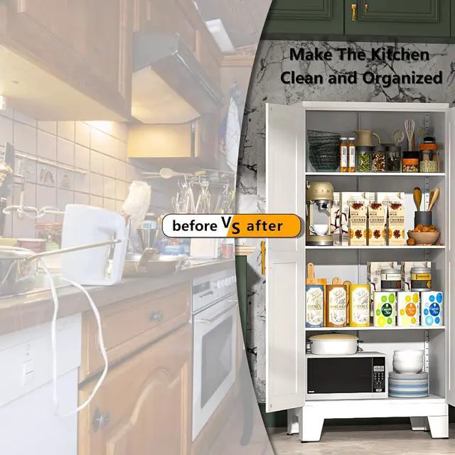 Alt view image 6 of 6 - White Metal Kitchen Storage Cabinet, Kitchen Pantry Storage Cabinet with Doors and Shelves, Storage Cabinet with Adjustable Leveling Foot for Kitchen, Living Room and Dining Room. 61" H