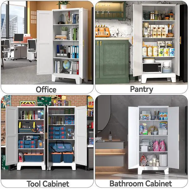 Alt view image 4 of 6 - White Metal Kitchen Storage Cabinet, Kitchen Pantry Storage Cabinet with Doors and Shelves, Storage Cabinet with Adjustable Leveling Foot for Kitchen, Living Room and Dining Room. 61" H