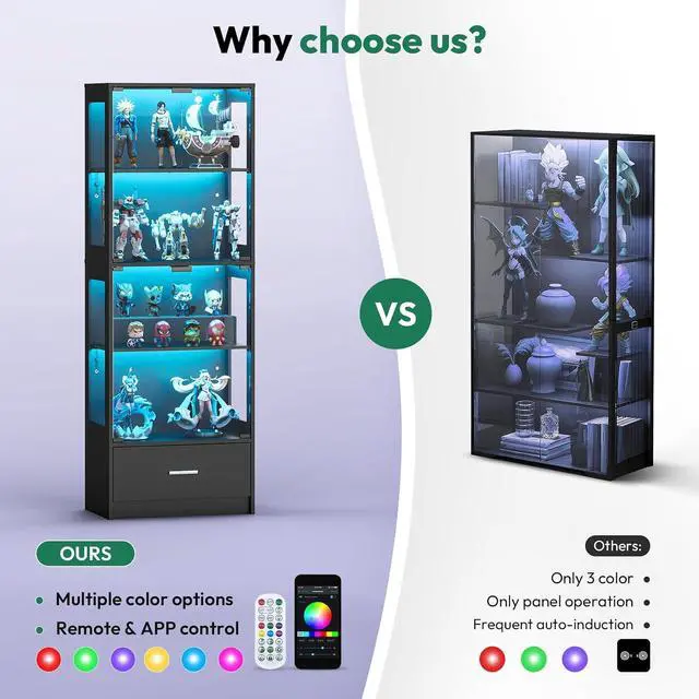 Alt view image 3 of 7 - 67-inch Glass Display Cabinet Curio Cabinet with RGB LED Lights, 1 Drawer & Anti-Tip Design for Collectibles, Figures, Living Room | Black