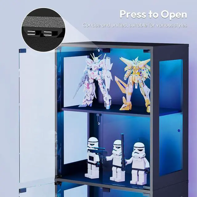 Alt view image 6 of 7 - 67-inch Glass Display Cabinet Curio Cabinet with RGB LED Lights, 1 Drawer & Anti-Tip Design for Collectibles, Figures, Living Room | Black