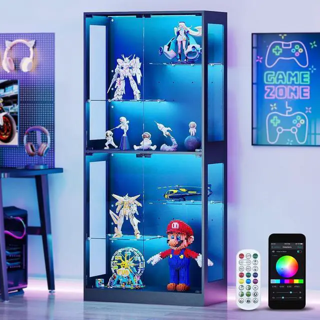 Main image of 69-inch Glass Display Cabinet Curio Cabinet with RGB LED Lights, Adjustable Shelves & Anti-Tip Design for Collectibles, Figures, Living Room | Black
