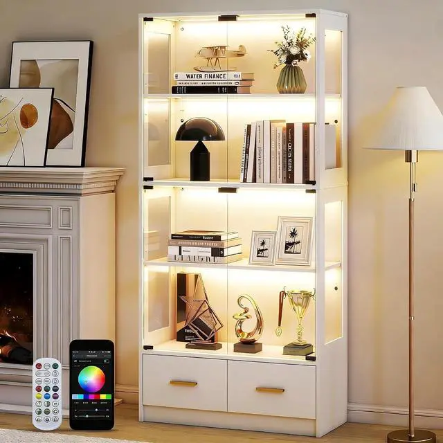 Main image of 67-inch Glass Display Cabinet Curio Cabinet with RGB LED Lights, 2 Drawers & Anti-Tip Design for Collectibles, Figures, Living Room | White
