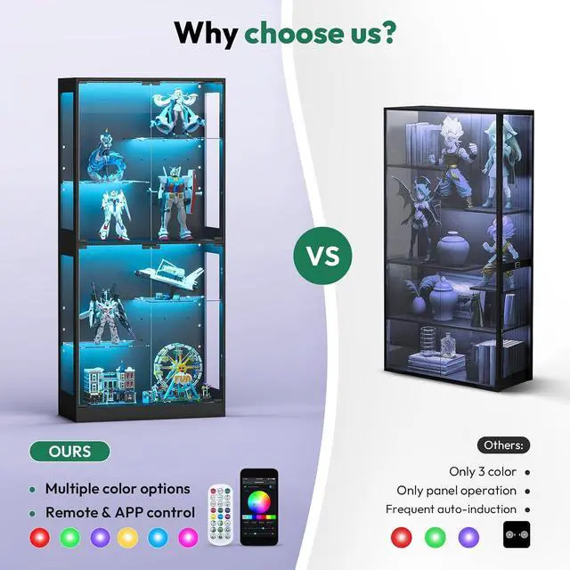 Alt view image 3 of 7 - 69-inch Glass Display Cabinet Curio Cabinet with RGB LED Lights, Adjustable Shelves & Anti-Tip Design for Collectibles, Figures, Living Room | Black