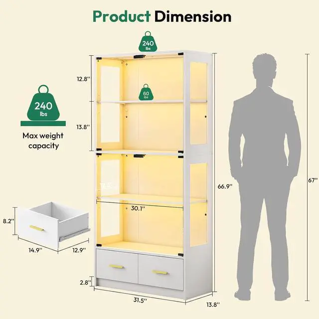 Alt view image 2 of 7 - 67-inch Glass Display Cabinet Curio Cabinet with RGB LED Lights, 2 Drawers & Anti-Tip Design for Collectibles, Figures, Living Room | White